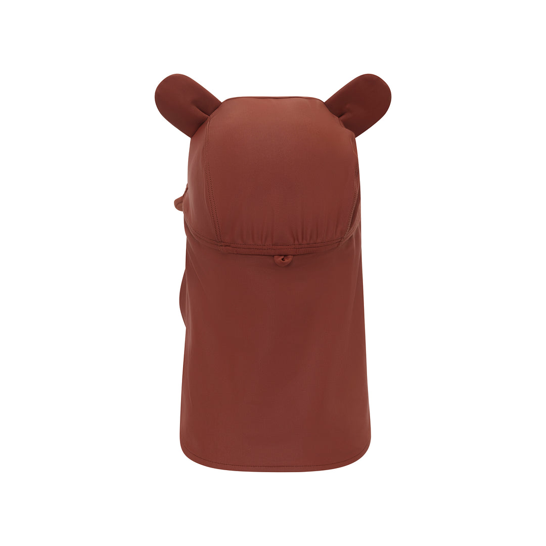 A rust-brown hooded sun hat with integrated ear-like protrusions on top, shown from the back against a plain white background.