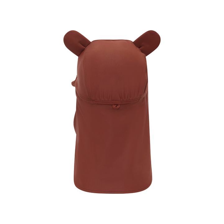 A rust-brown hooded sun hat with integrated ear-like protrusions on top, shown from the back against a plain white background.
