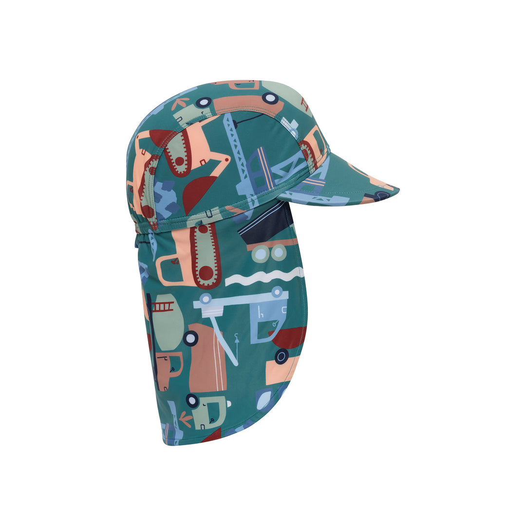 A teal sun hat with a built-in neck flap and brim, featuring a colorful cartoon-style pattern of construction vehicles and tools, shown against a plain white background.
