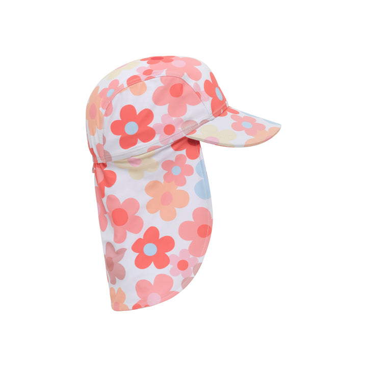 A white sun hat with a neck flap and curved brim, decorated with a retro-style floral pattern in shades of coral pink, peach, and light blue, shown against a plain white background.