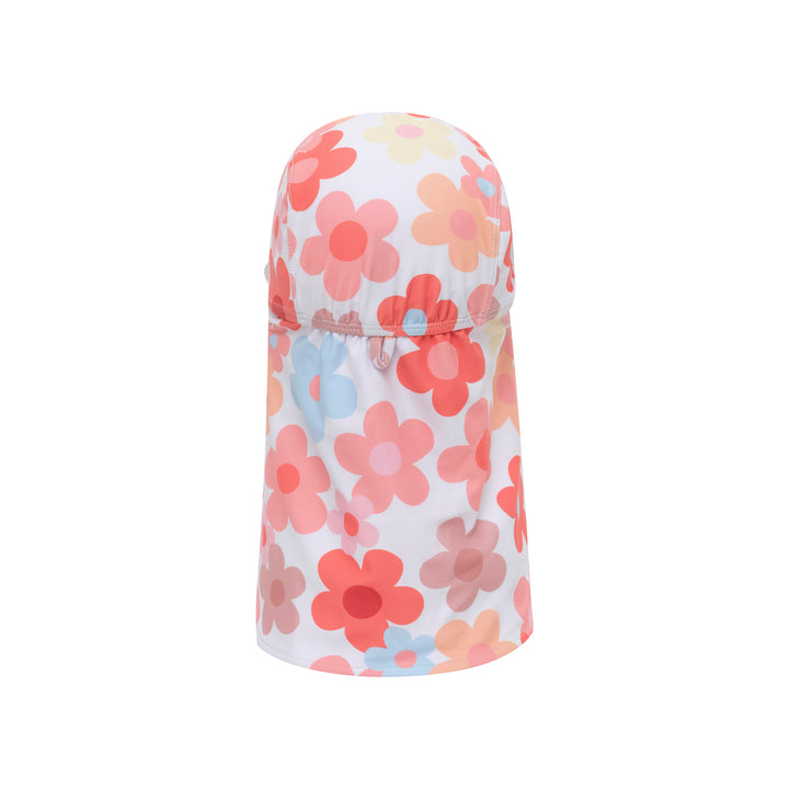 A white sun hat with a neck flap, featuring a colorful retro floral pattern in shades of pink, red, orange, yellow, and light blue, shown against a plain white background.