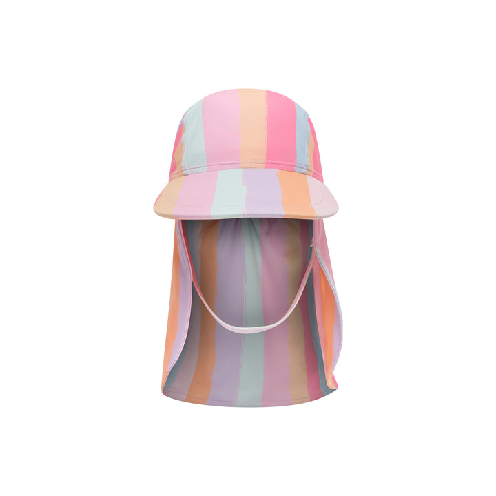 A pastel striped sun hat with an attached neck flap and chin strap, shown against a plain white background.