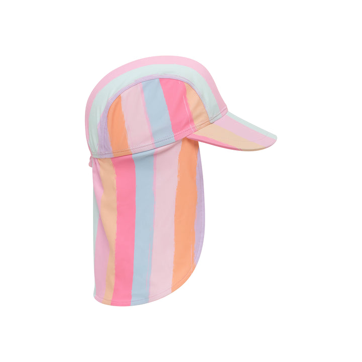 A pastel striped sun hat with a built-in neck flap, shown on a solid white background.