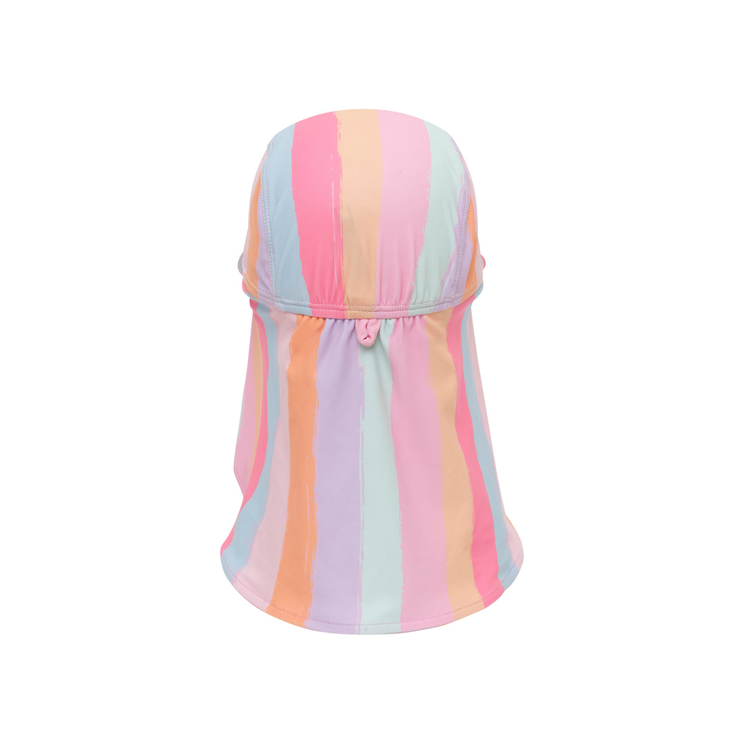 A pastel striped sun hat with a neck flap, shown from the back on a solid white background.