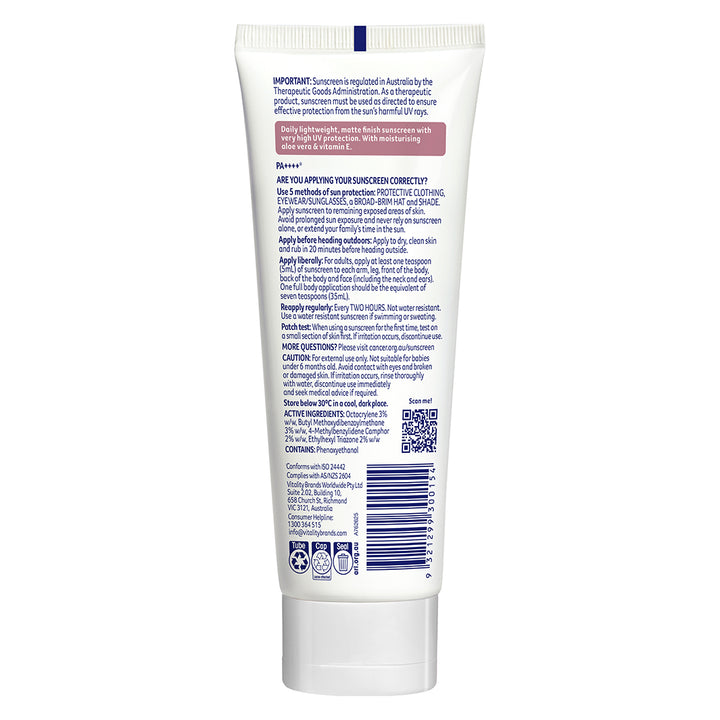 Daily Moisturiser Matte SPF50+ 75ml - Back Tube