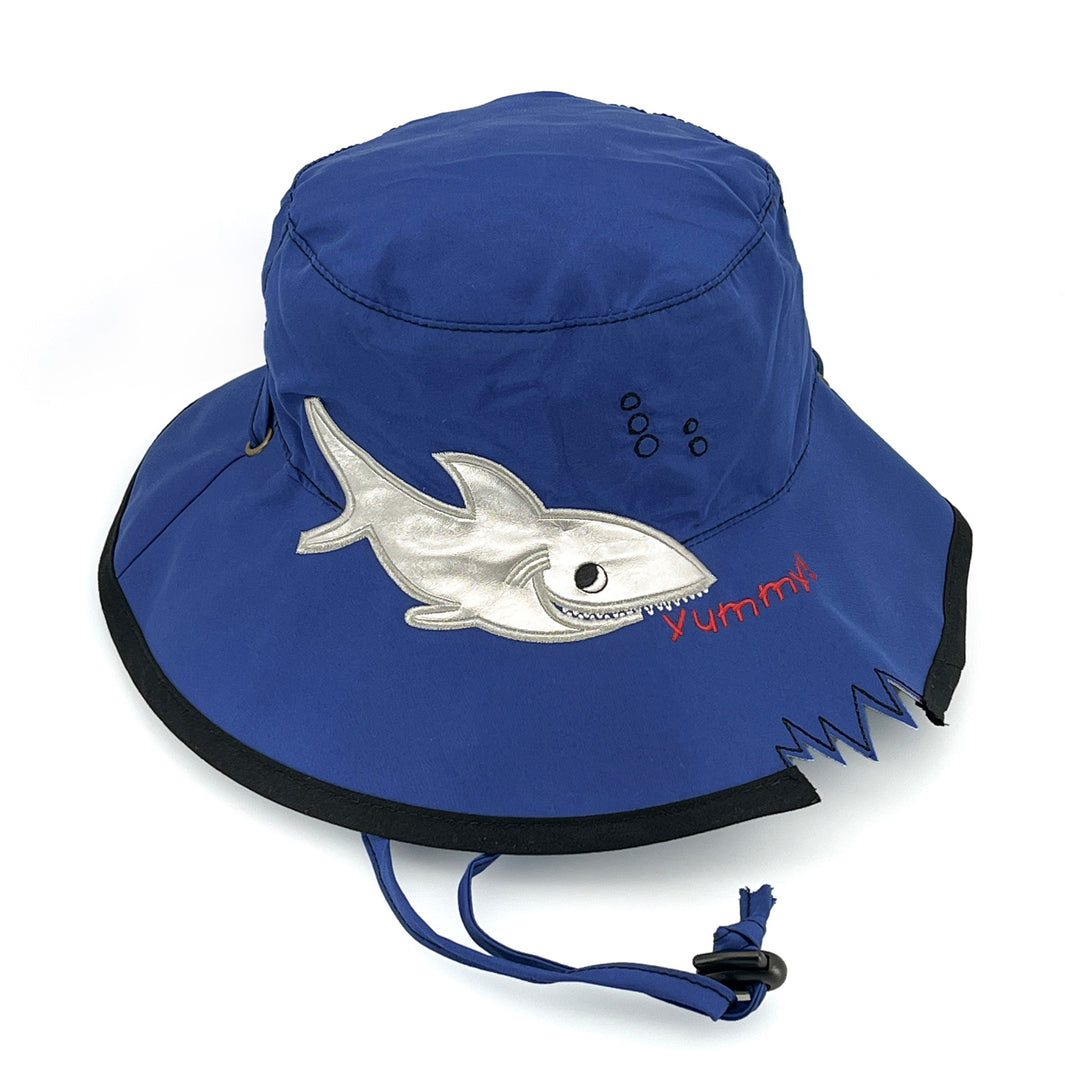 Awesome wide brim hat in Blue Shark shown front‑on with bold shark‑print design