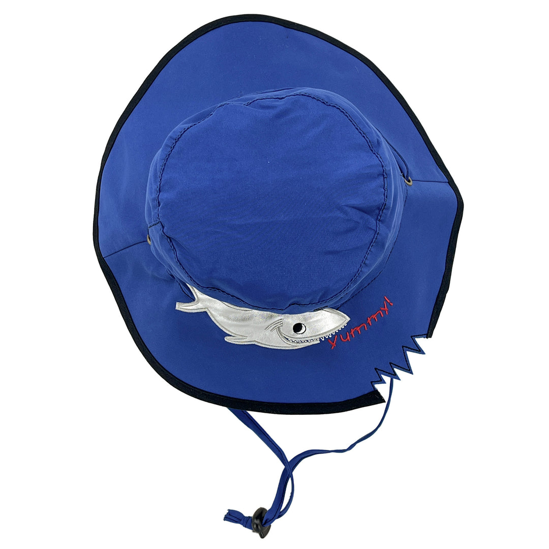 Top‑down view of Awesome wide brim hat in Blue Shark showing full brim shape and shark‑print pattern
