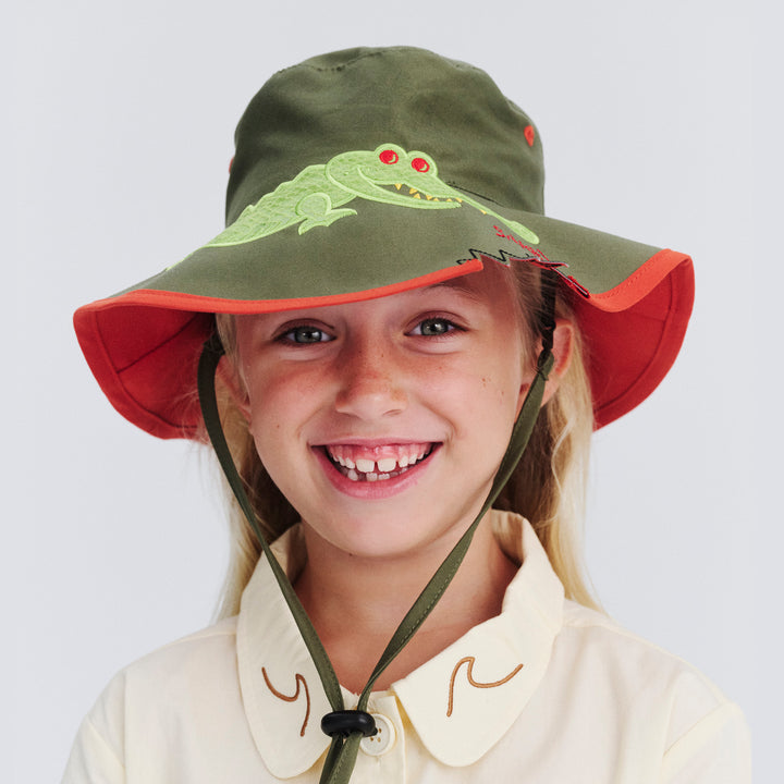 Model wearing Awesome wide brim hat in Khaki Croc, front‑facing view