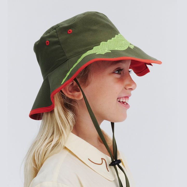 Side profile of model wearing Awesome wide brim hat in Khaki Croc