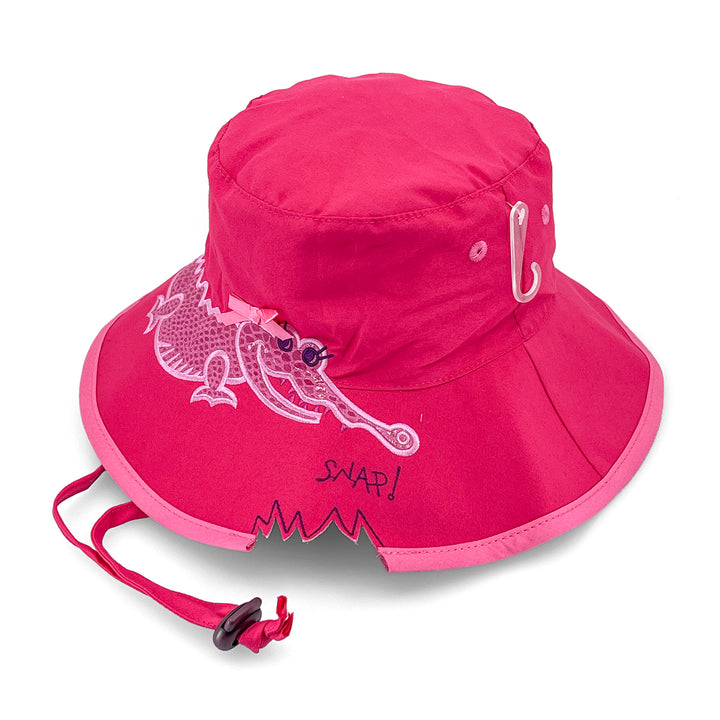 Three‑quarter angle of Awesome wide brim hat in Pink Croc with playful croc pattern and soft structure