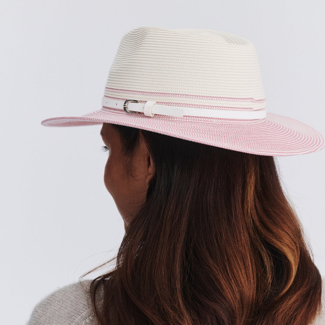Female model wearing Heritage Town and Country Hat in Ivory/Pink colour, back view showing crown shape