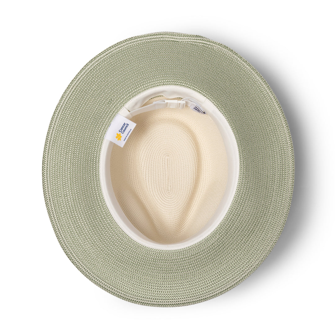 Heritage Town and Country Hat in ivory and sage colour, underside of brim showing interior finish and detailing