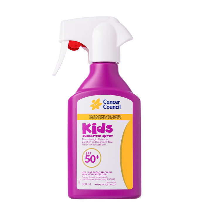 A 300 mL bottle of Cancer Council Kids Sunscreen Spray SPF 50+ with a bright purple body, white spray top, and yellow and white label, shown on a plain white background.
