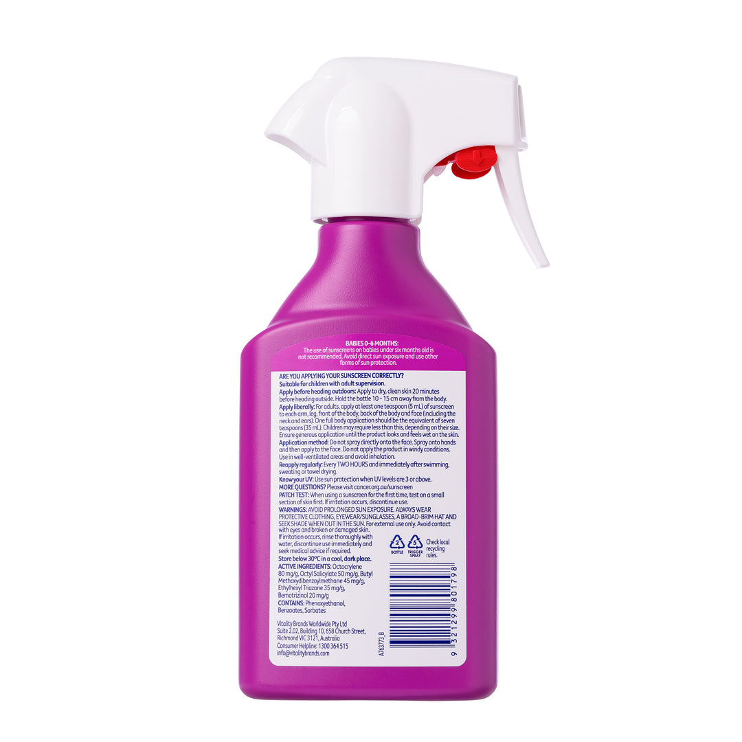The back of a purple spray bottle with a white trigger sprayer and a red trigger button, featuring a white label with text and a barcode.