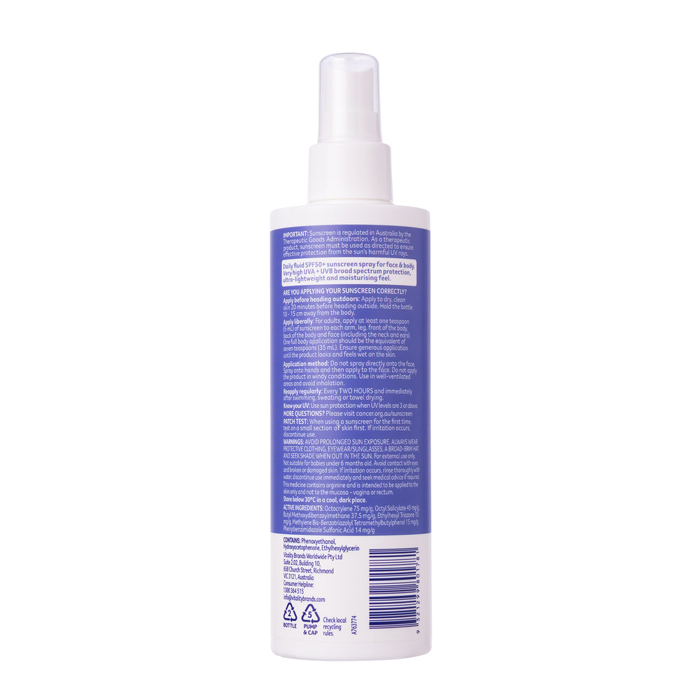 A white plastic spray bottle with a white spray nozzle, featuring a prominent blue label with white text and a barcode, shown against a plain white background.
