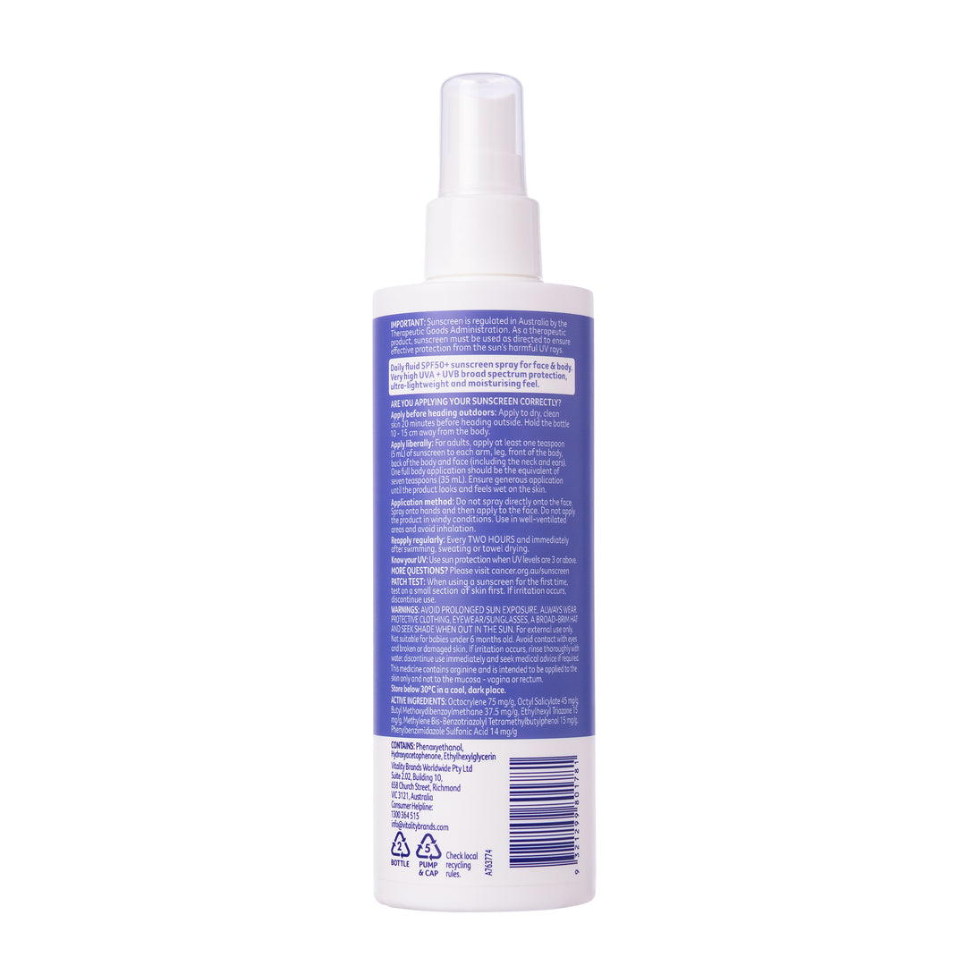 A white plastic spray bottle with a white spray nozzle, featuring a prominent blue label with white text and a barcode, shown against a plain white background.