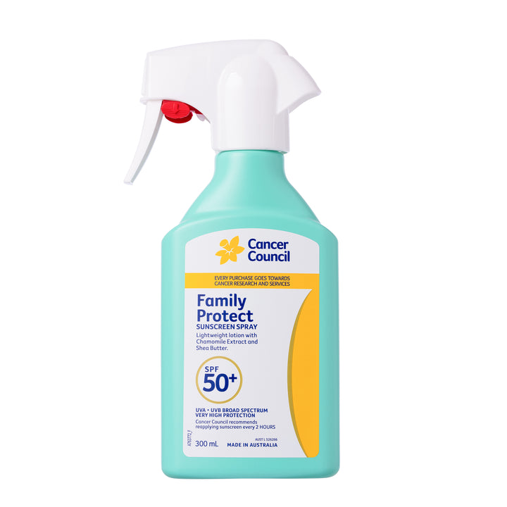 A 300 mL spray bottle of Cancer Council Family Protect SPF 50+ sunscreen spray. The bottle is a light mint green with a white trigger spray top and a yellow and white label.