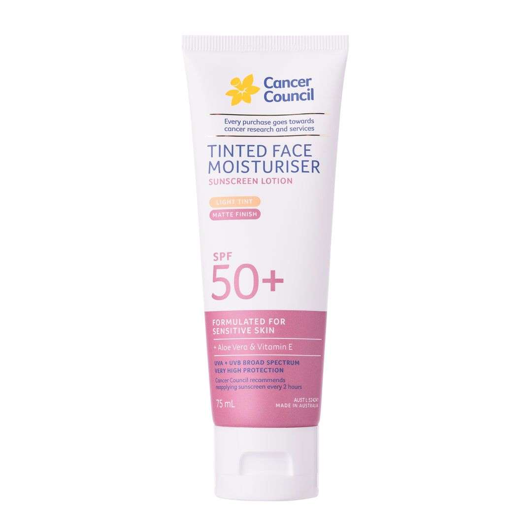 A 75 mL squeeze tube of Cancer Council Tinted Face Moisturiser SPF 50+ sunscreen lotion. The tube is white with blue and pink text and graphics, featuring the Cancer Council logo at the top and a white flip-top cap at the bottom, set against a plain white background.