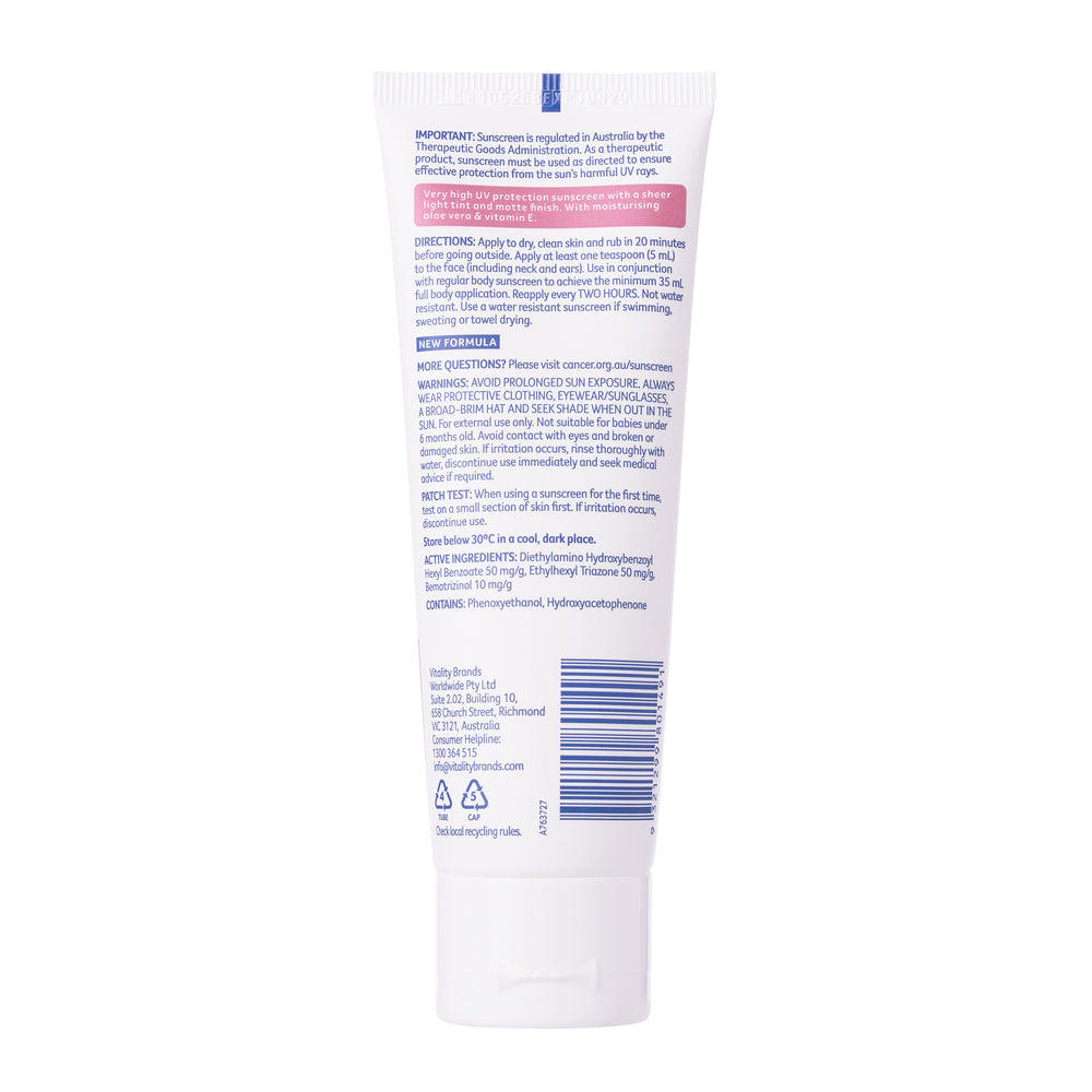 The back of a white sunscreen tube with detailed product information, directions, ingredients, and a barcode, shown on a plain white background.