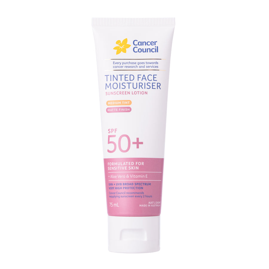 A 75 mL squeeze tube of Cancer Council Tinted Face Moisturiser SPF 50+ sunscreen lotion. The tube is white with blue and pink text and a yellow Cancer Council logo at the top, set against a plain white background.