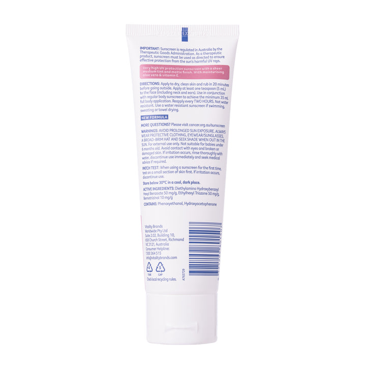 The back of a white squeeze tube of sunscreen, showing detailed product instructions, warnings, and a barcode on a plain white background.