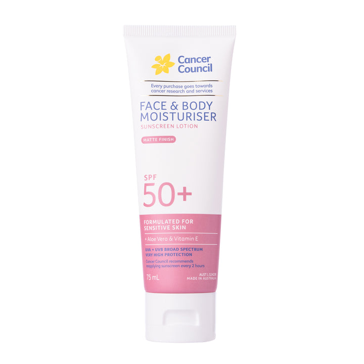 A 75ml squeeze tube of Cancer Council Face & Body Moisturiser SPF 50+ Sunscreen Lotion. The tube is white with a pink lower section and a yellow Cancer Council logo at the top, set against a plain white background.