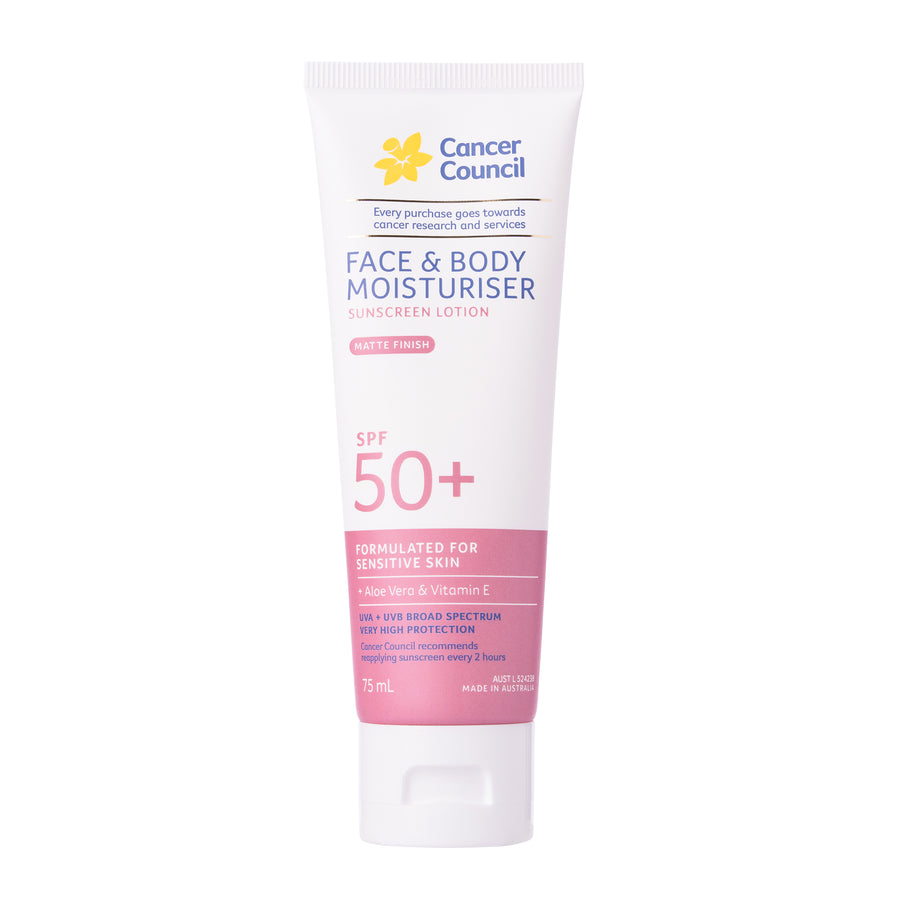A 75ml squeeze tube of Cancer Council Face & Body Moisturiser SPF 50+ Sunscreen Lotion. The tube is white with a pink lower section and a yellow Cancer Council logo at the top, set against a plain white background.