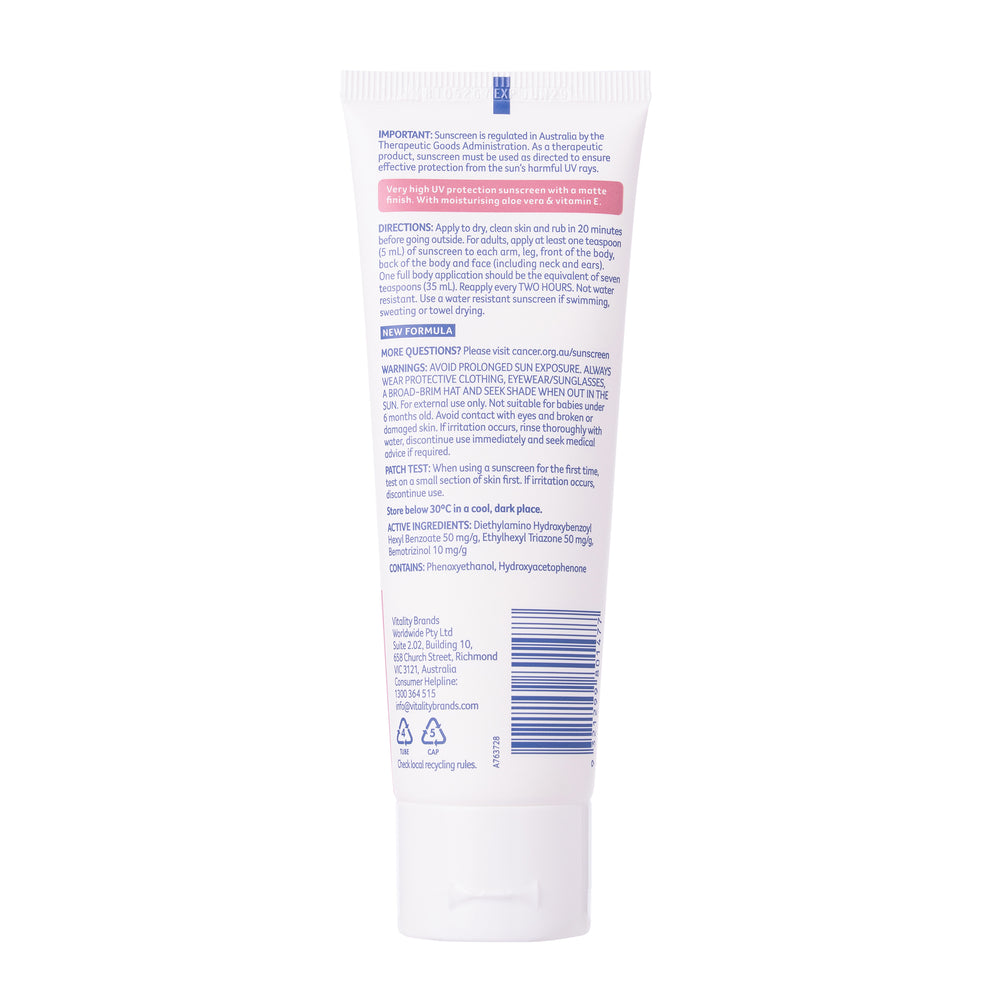 The back of a white squeeze tube of Cancer Council sunscreen, showing detailed product instructions, warnings, and a barcode on a plain white background.