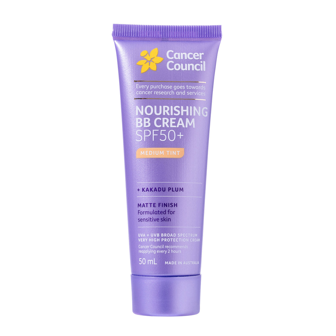 A 50 mL squeeze tube of Cancer Council Nourishing BB Cream SPF 50+ in Kakadu Plum with a medium tint, shown on a solid white background.