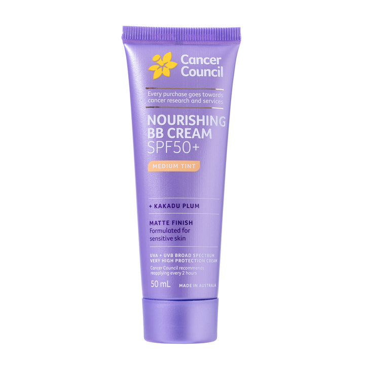 A 50 mL squeeze tube of Cancer Council Nourishing BB Cream SPF 50+ in Kakadu Plum with a medium tint, shown on a solid white background.