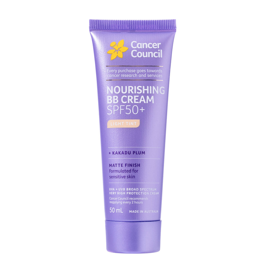 A 50 mL squeeze tube of Cancer Council Nourishing BB Cream SPF50+ in Light Plum, featuring a lavender-purple design with a yellow flower logo and white text, set against a plain white background.