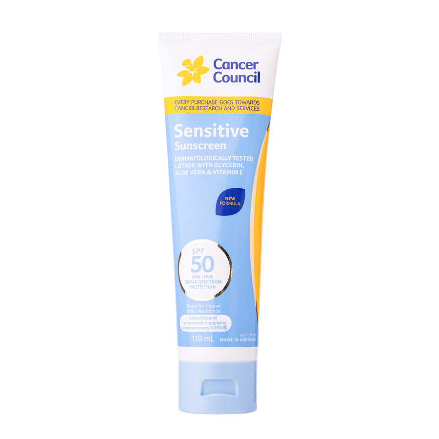 A 110 mL tube of Cancer Council Sensitive Sunscreen SPF 50, featuring a light blue and white design with yellow and blue branding accents, set against a plain white background.