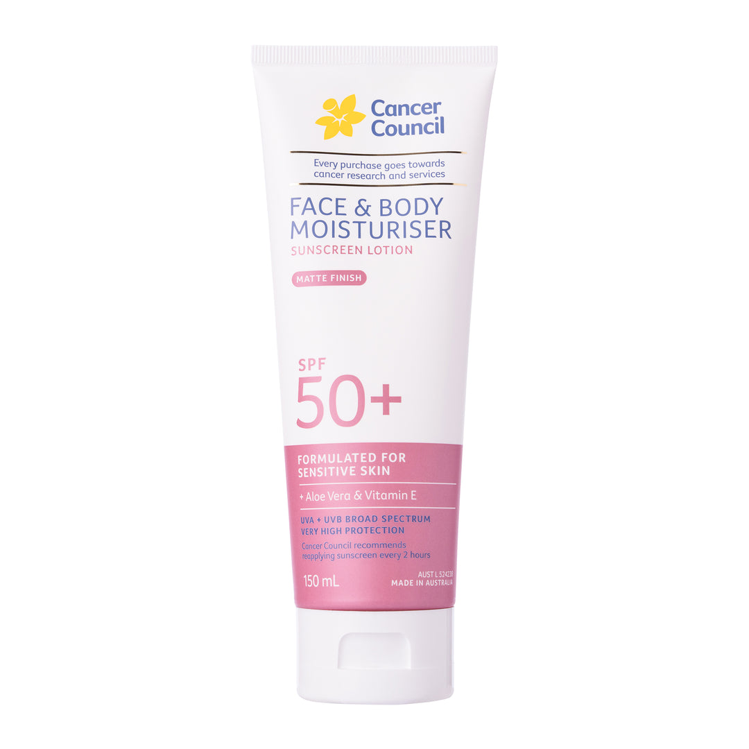 A 150 mL tube of Cancer Council Face & Body Moisturiser SPF 50+ sunscreen lotion, featuring a white tube with pink and blue text and a yellow flower logo, set against a plain white background.