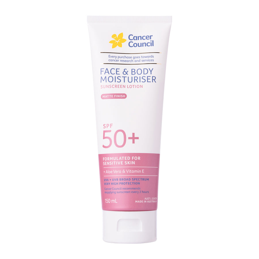 A 150 mL tube of Cancer Council Face & Body Moisturiser SPF 50+ sunscreen lotion, featuring a white tube with pink and blue text and a yellow flower logo, set against a plain white background.