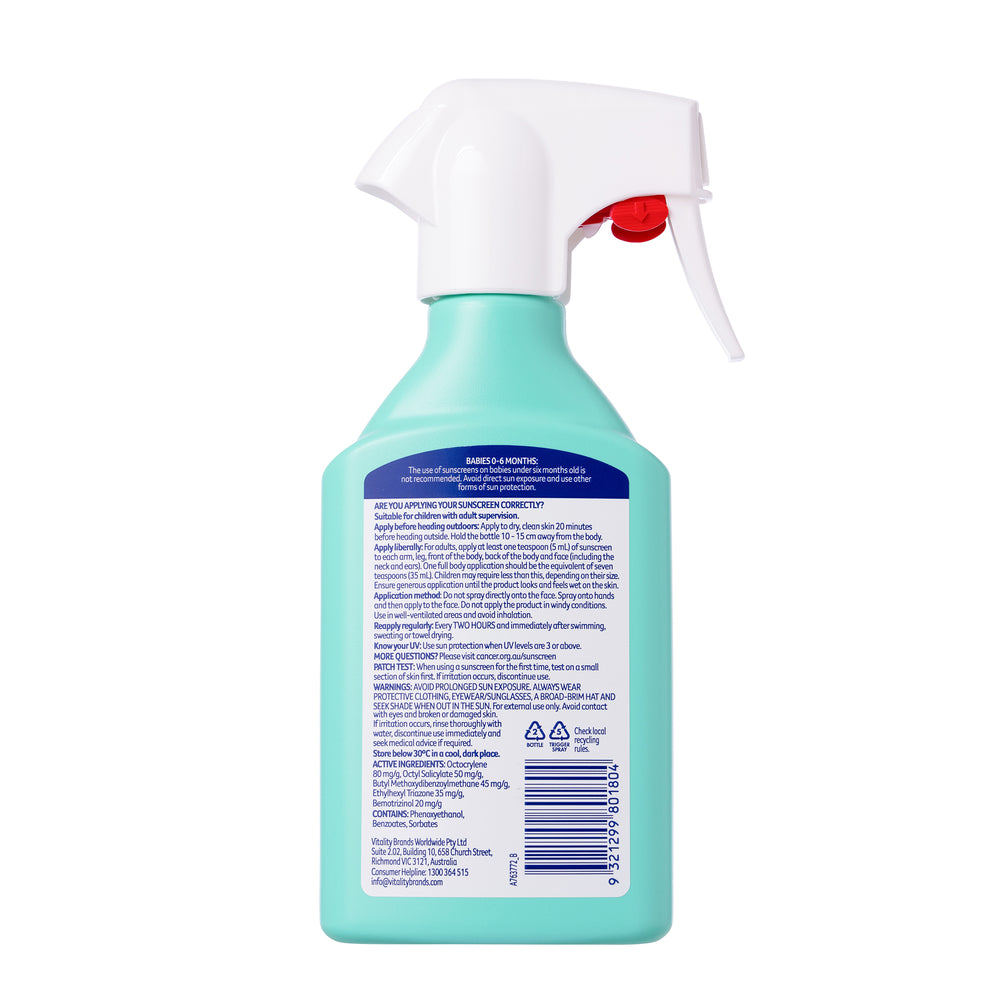 The back of a mint green spray bottle with a white trigger sprayer and a red trigger button, featuring a blue header and dense product instructions on a white background.