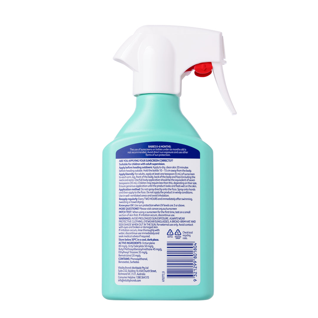 The back of a mint green spray bottle with a white trigger sprayer and a red trigger button, featuring a blue header and dense product instructions on a white background.