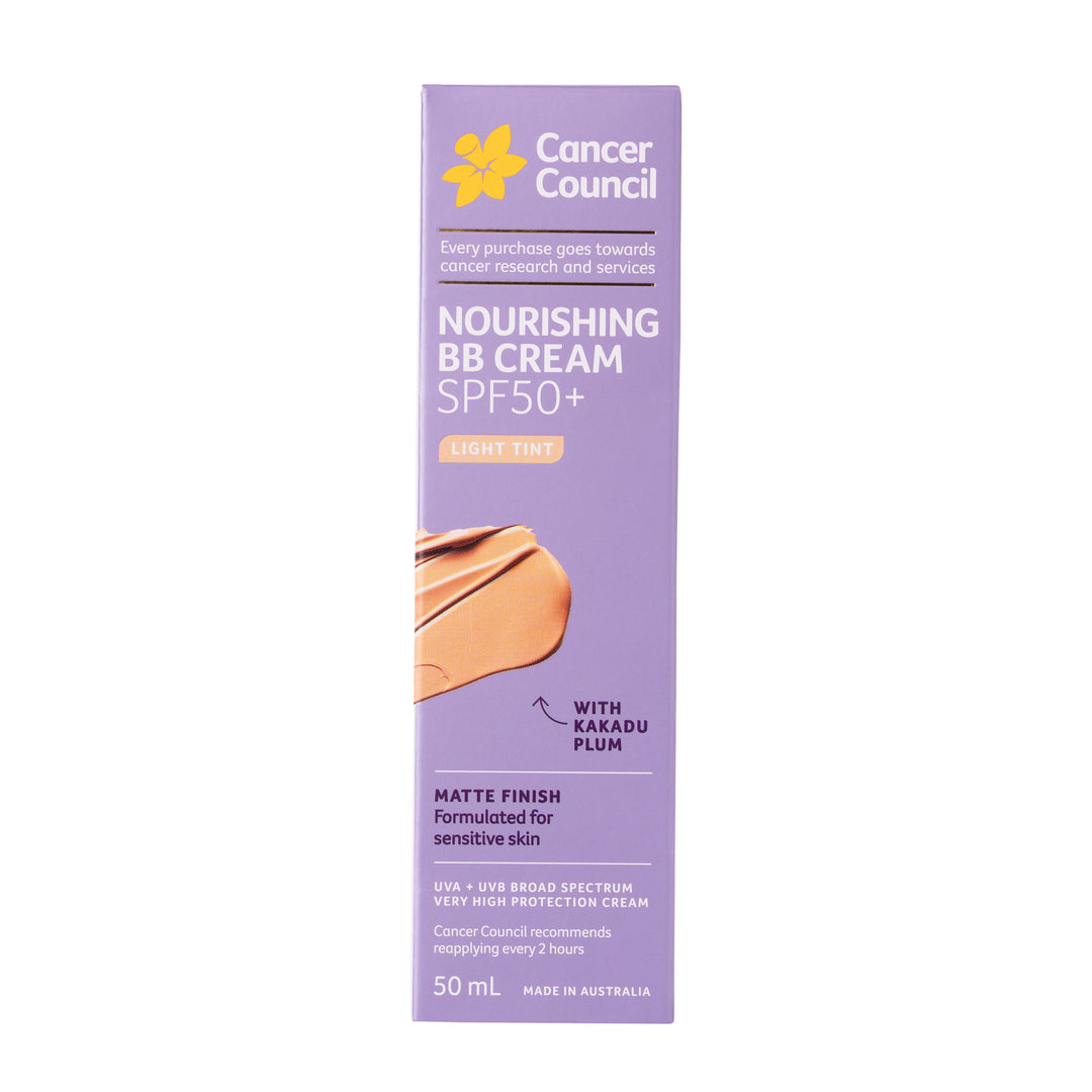 A 50 mL box of Cancer Council Nourishing BB Cream SPF50+ in Light Tint, featuring a lavender purple background with a yellow flower logo and a swatch of the light beige foundation cream.
