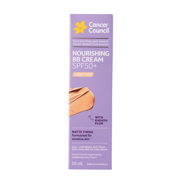 A 50 mL box of Cancer Council Nourishing BB Cream SPF50+ in Light Tint, featuring a lavender purple background with a yellow flower logo and a swatch of the light beige foundation cream.