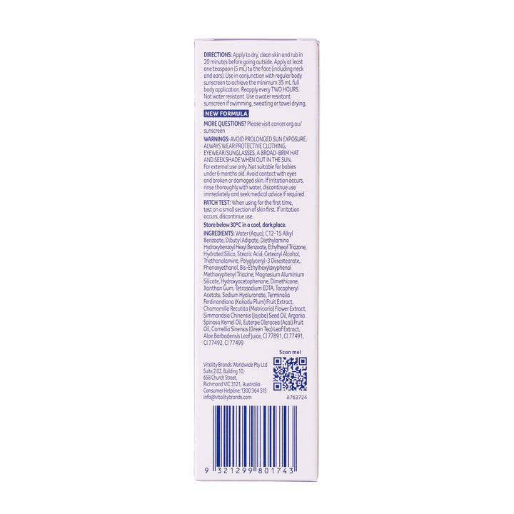 The back of a white rectangular product package, showing usage directions, new ingredients, a 'read more' link, and a barcode on a plain white background.