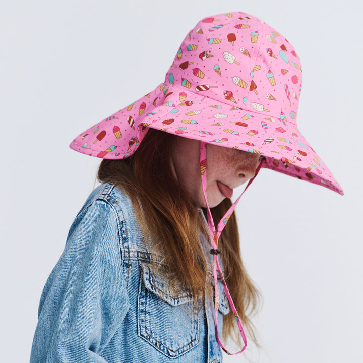 Cancer Council | Lonnie Bucket Hat - Model Side | Pink Dinosaur | UPF50+ Protection