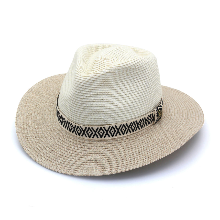 Cancer Council | Nadia Fedora Hat - Angle | Ivory/Camel | UPF50+ Protection
