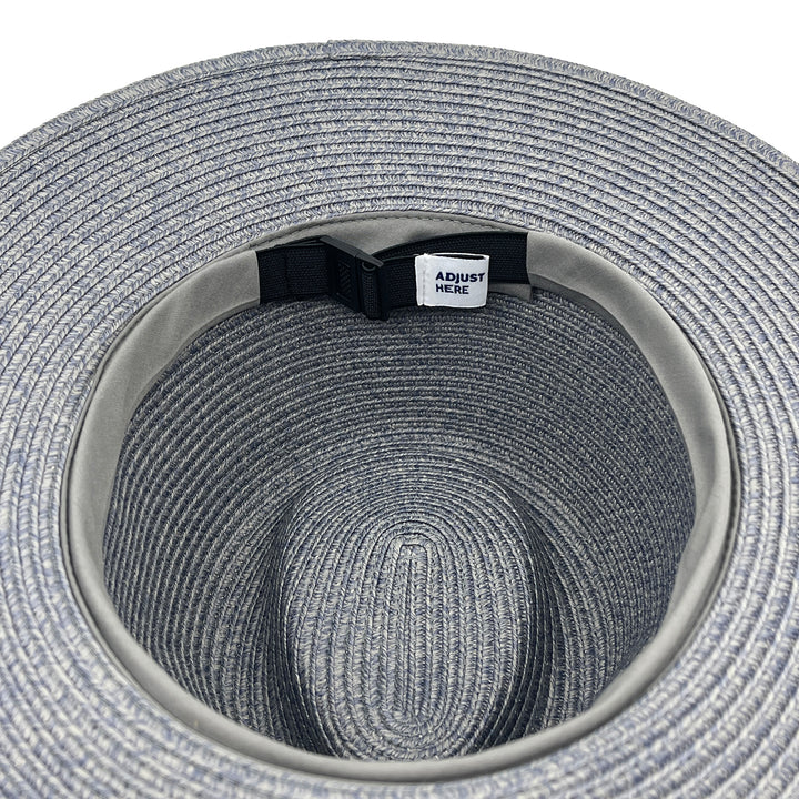 Sherry Fedora Hat in Mixed Blue colour, underside of brim showing interior finish, stitching detail, and built-in size adjuster