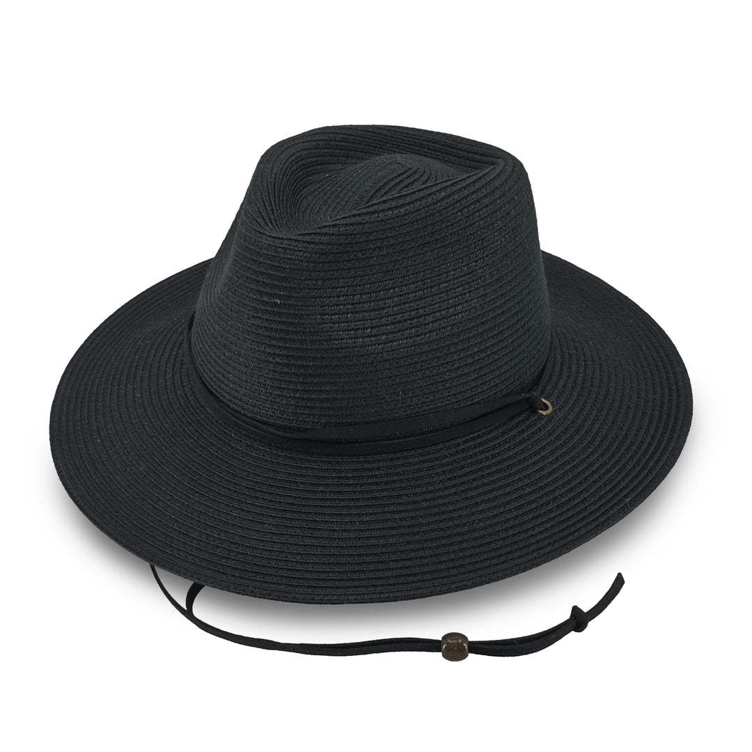 Jody Fedora Hat in Black colour, angled product view showing structured crown and chin strap