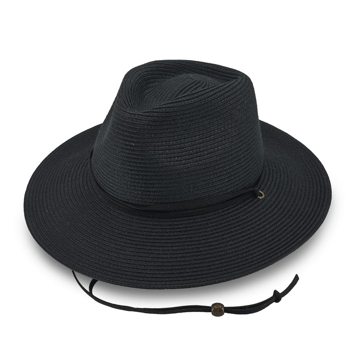 Jody Fedora Hat in Black colour, angled product view showing structured crown and chin strap