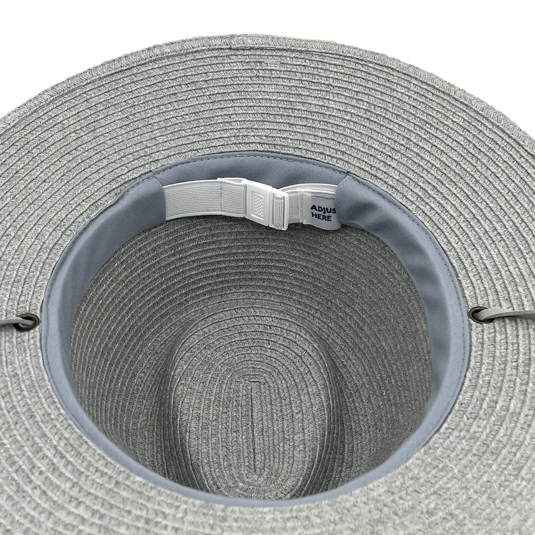 Jody Fedora Hat in Light Grey colour, underside of brim showing interior finish, stitching detail, and built-in size adjuster