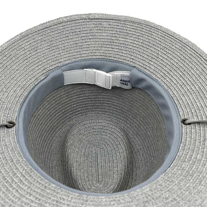 Jody Fedora Hat in Light Grey colour, underside of brim showing interior finish, stitching detail, and built-in size adjuster
