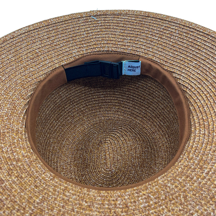 Maribel Cloche Hat in Cinnamon colour, underside of brim showing interior finish, stitching detail, and built-in size adjuster