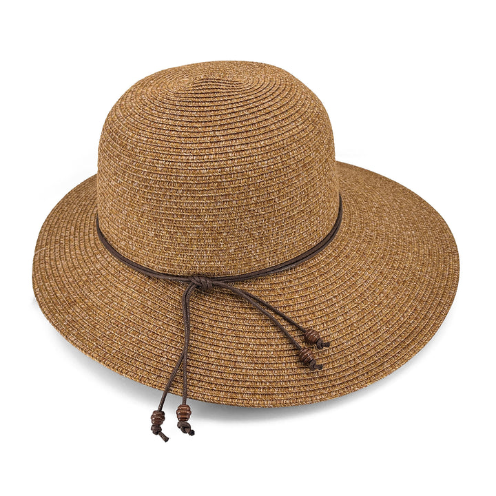 Maribel Cloche Hat in Cinnamon colour, side profile showing wide brim and trim detailing