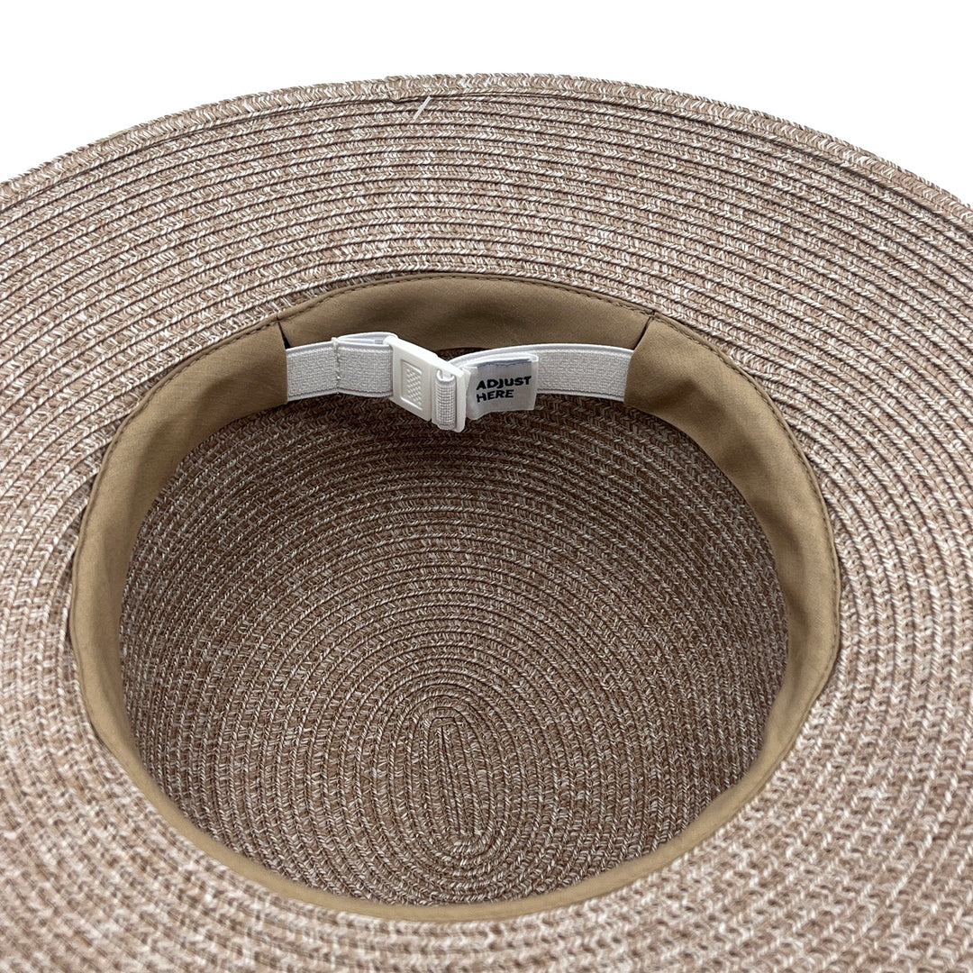 Maribel Cloche Hat in Sandstone colour, underside of brim showing interior finish, stitching detail, and built-in size adjuster