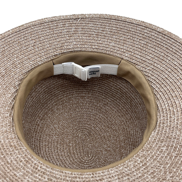 Maribel Cloche Hat in Sandstone colour, underside of brim showing interior finish, stitching detail, and built-in size adjuster